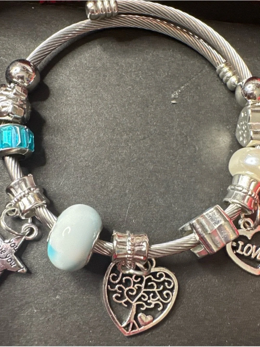 Silver Bracelet with Heart Tree Charm and Aqua Beads